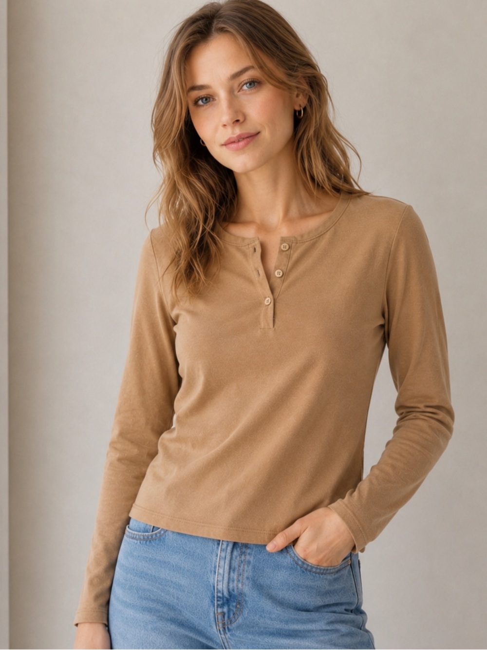 Banana Republic Camel Long-Sleeve Henley Top XS